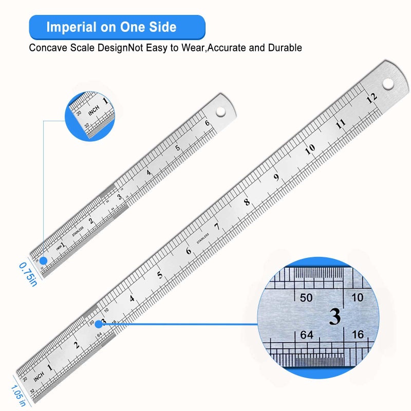 Yipinve 2 Pack Metal Ruler, Double-Sided Scaleã€6,12inch/15,30cmã€‘ Steel Ruler Set for Architects, Home,Schoolï¼Œ Office, and Craft - Image 3